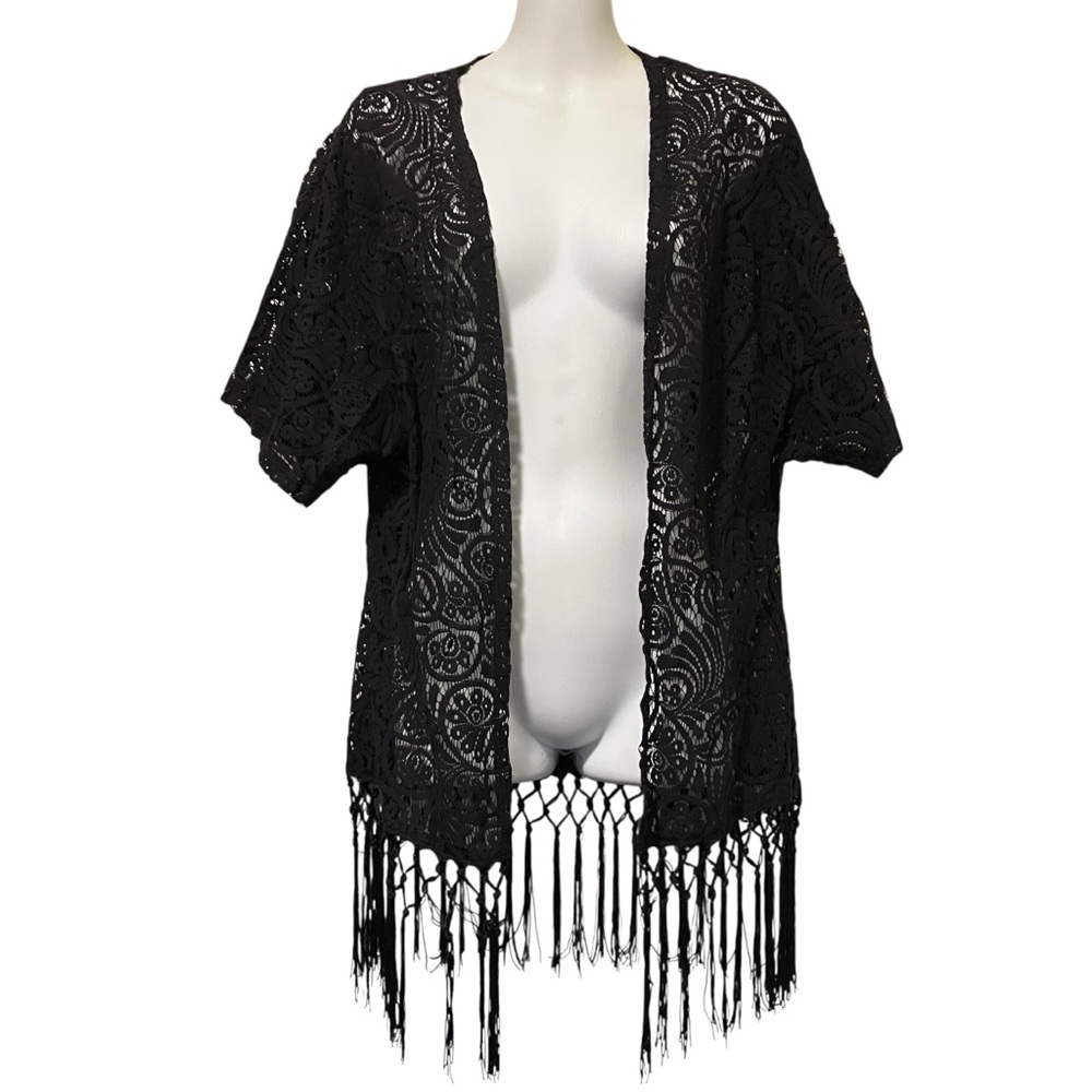 Vanity Black Lace Open Front Fringe Cover-Up